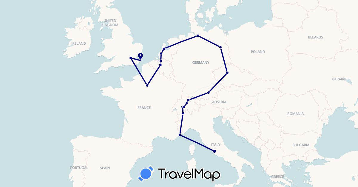 TravelMap itinerary: driving in Belgium, Switzerland, Czech Republic, Germany, France, United Kingdom, Italy, Netherlands (Europe)